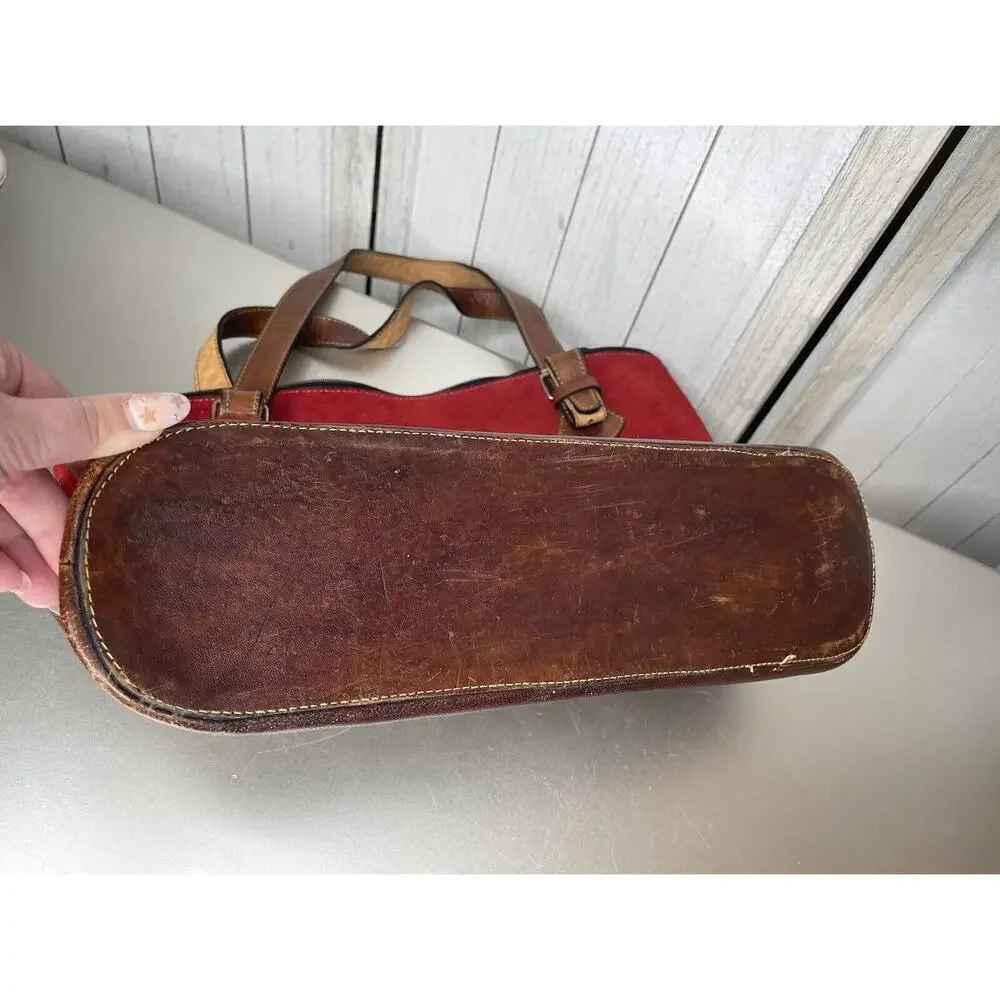 Vintage Red Suede and Brown Leather Trim Tote Bag Southwest Western